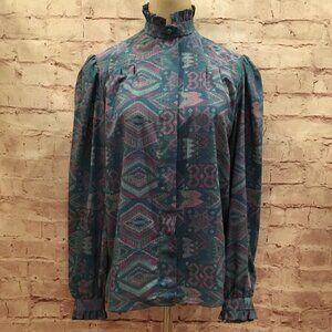 Vintage 80s Teal Blue Southwest Secretary Blouse High Neck Ruffle Trim Size 8